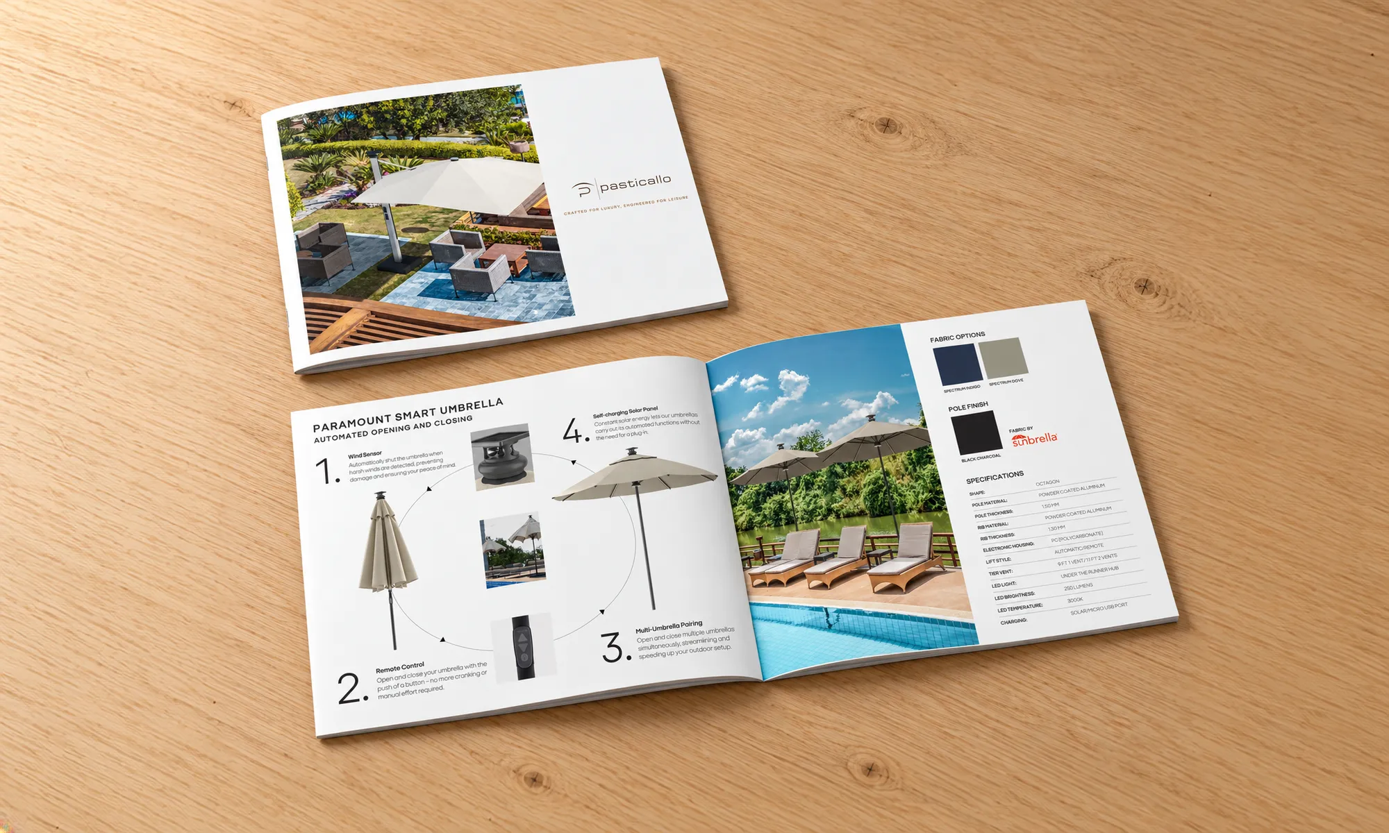 Open corporate report with charts and presentation layouts