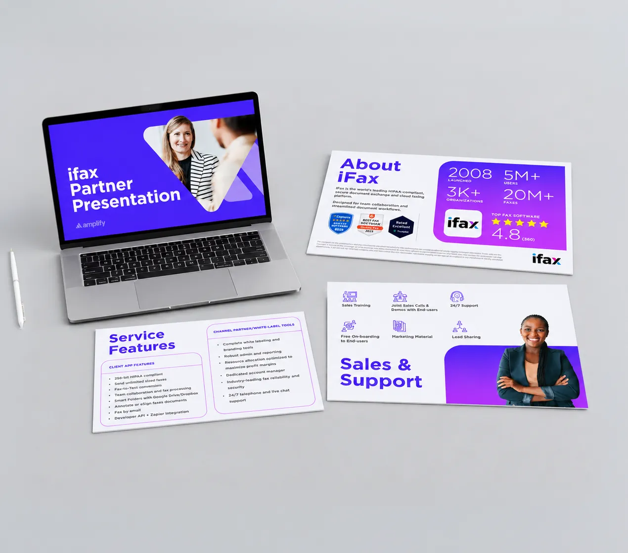 Open corporate report with charts and presentation layouts